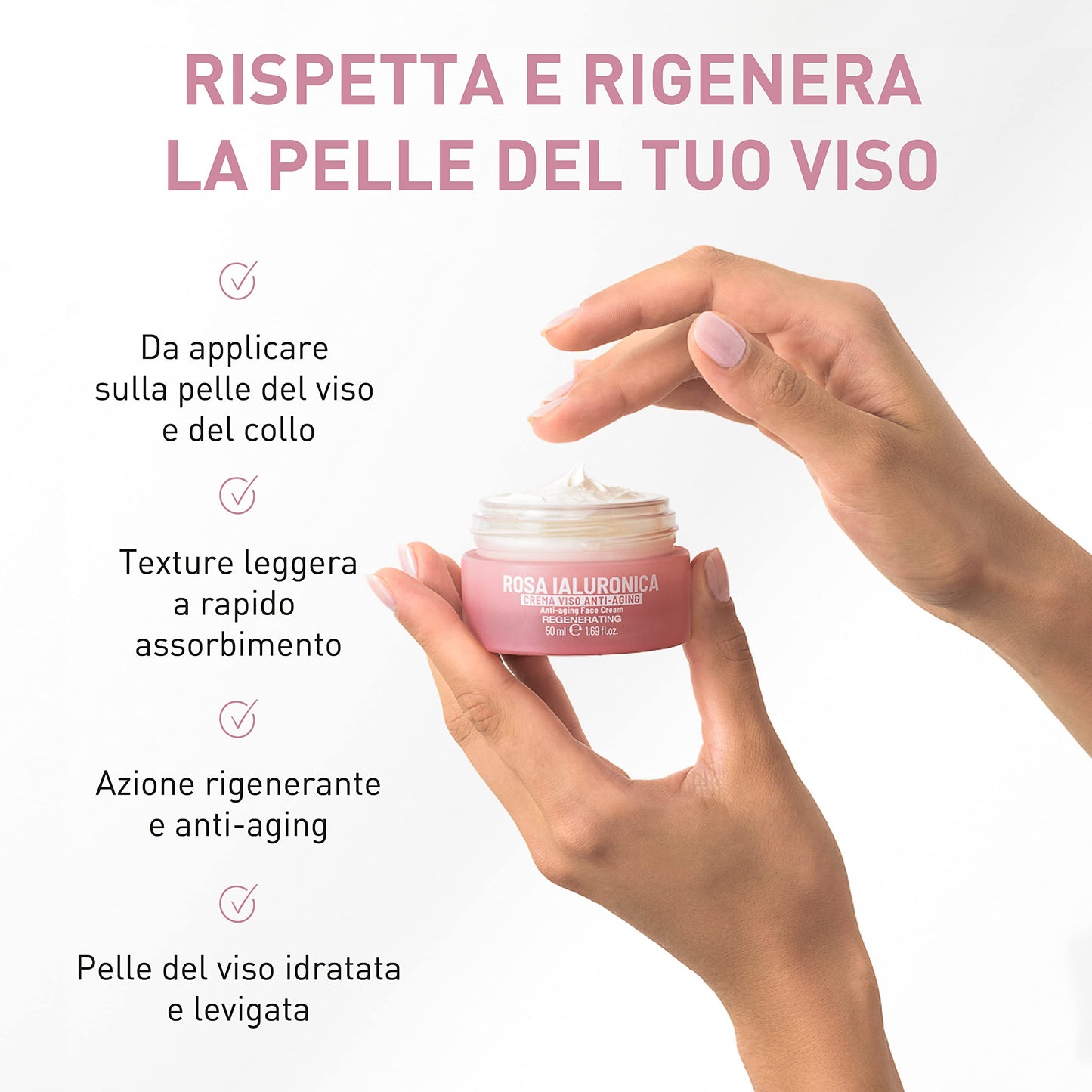 Equilibra Viso, Rosa Ialuronica Crema Viso Anti-aging a Base di Estratto di Rosa Damascena e Acido Ialuronico, Idratante e Levigante, Assorbimento Rapido, Non Unge, 50 ml