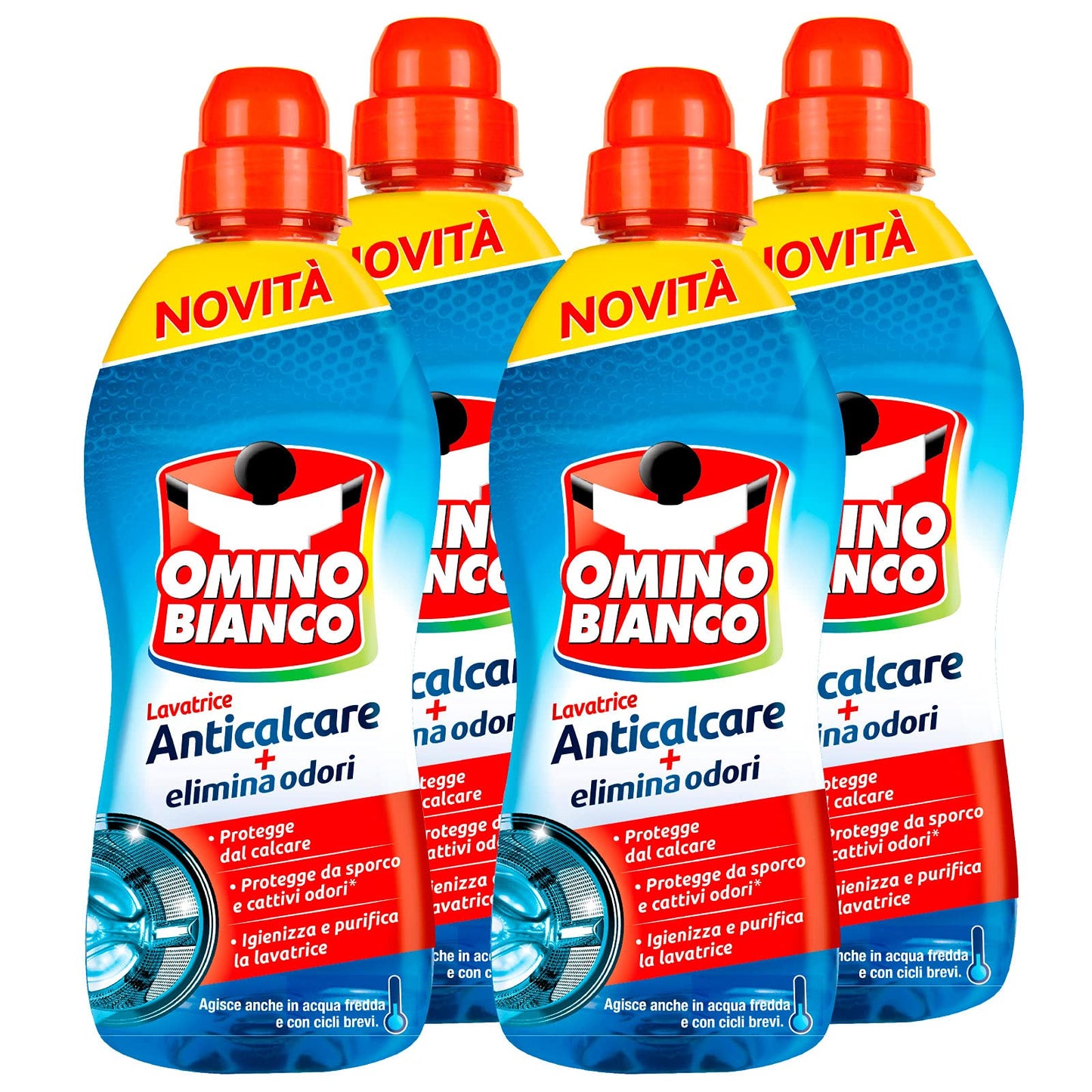 Omino Bianco, Anticalcare Lavatrice Gel, Protegge da Calcare, Sporco e Cattivi Odori, Azione Igienizzante, 4 Flaconi x 750 ml