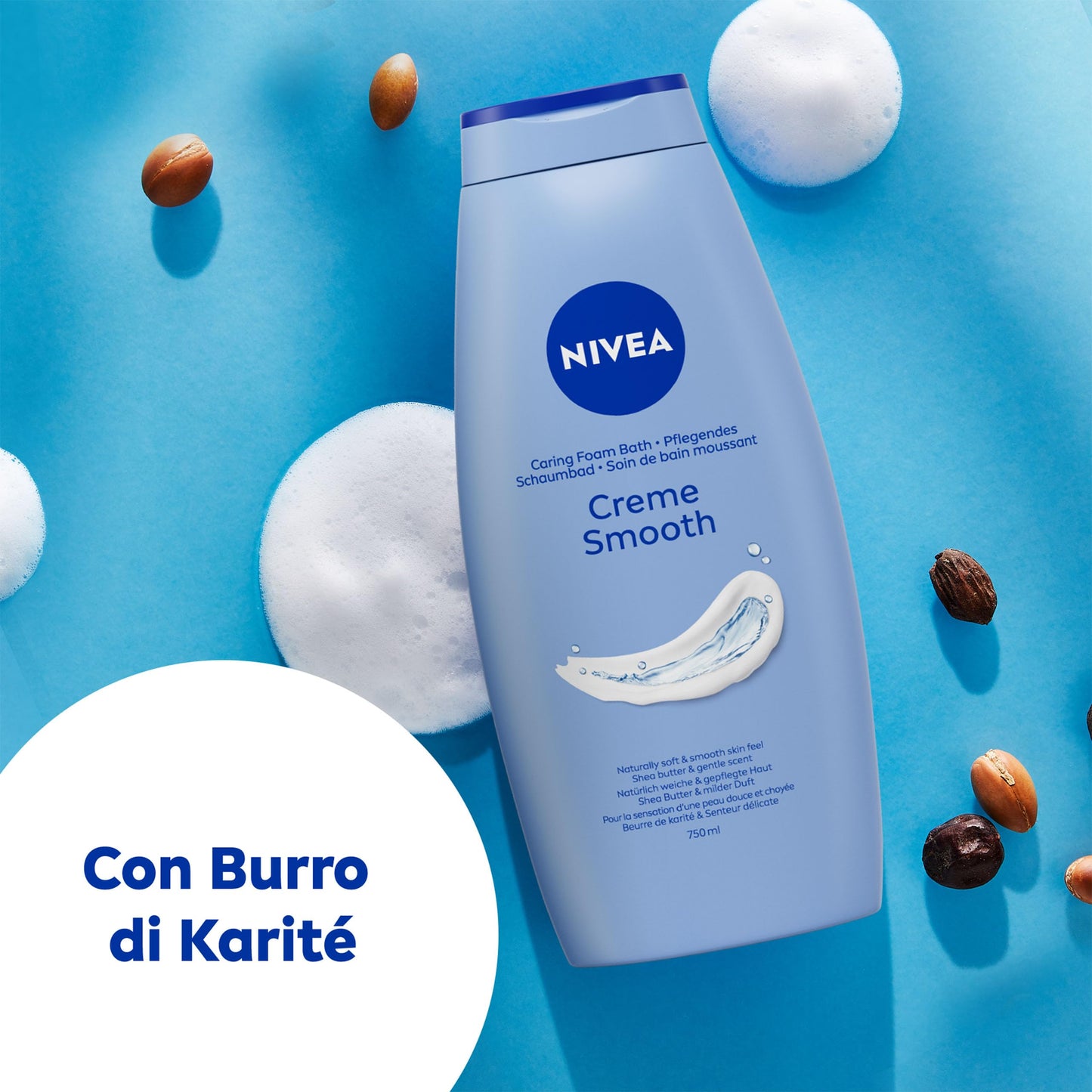 NIVEA Bagnodoccia Creme Smooth 750 ml, Bagnoschiuma in crema detergente e vellutante, Crema docciaschiuma arricchita con Burro di Karité, Vitamine C, E e Oli Nutrienti dal profumo delicato