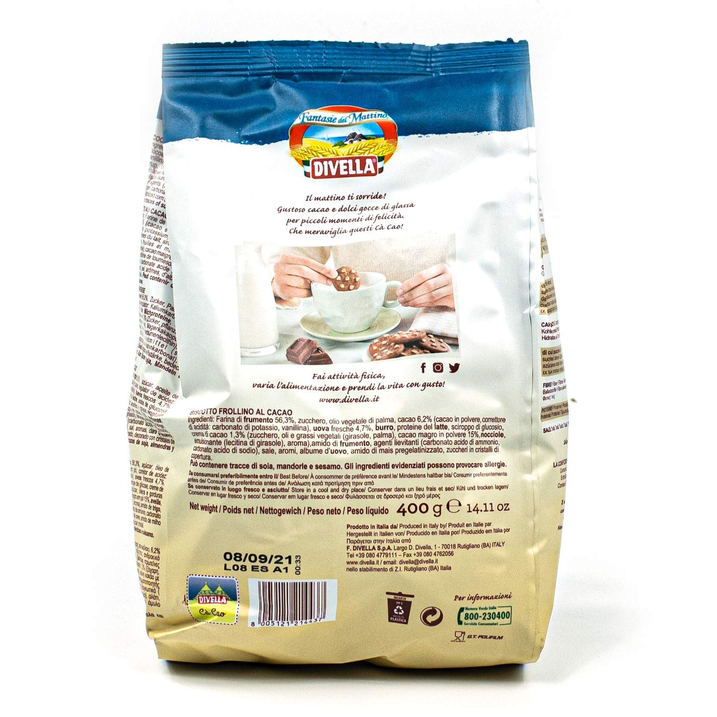 Divella Confezione da 10 Cà Cao frollini al cacao in confezione da 400 g Biscuits Chip Cookies Butter Biscotti con cacao e cristalli di zucchero impreziositi tradizionalmente italiani (dolciumi