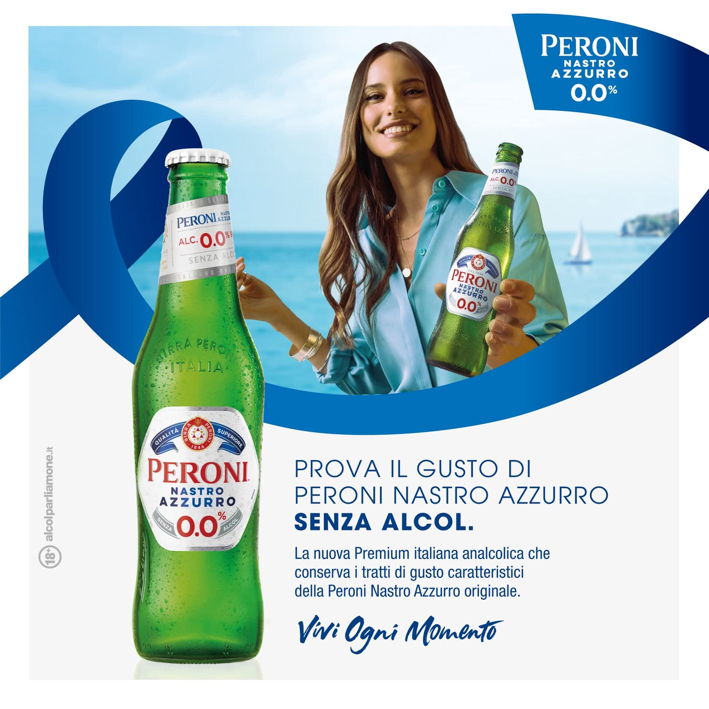 Peroni Nastro Azzurro 0.0 Birra Analcolica Premium Lager, Cassa Birra con 24 Birre in Bottiglia da 33 cl, 7.92 L, Gusto Secco e Rinfrescante, Zero Alcol