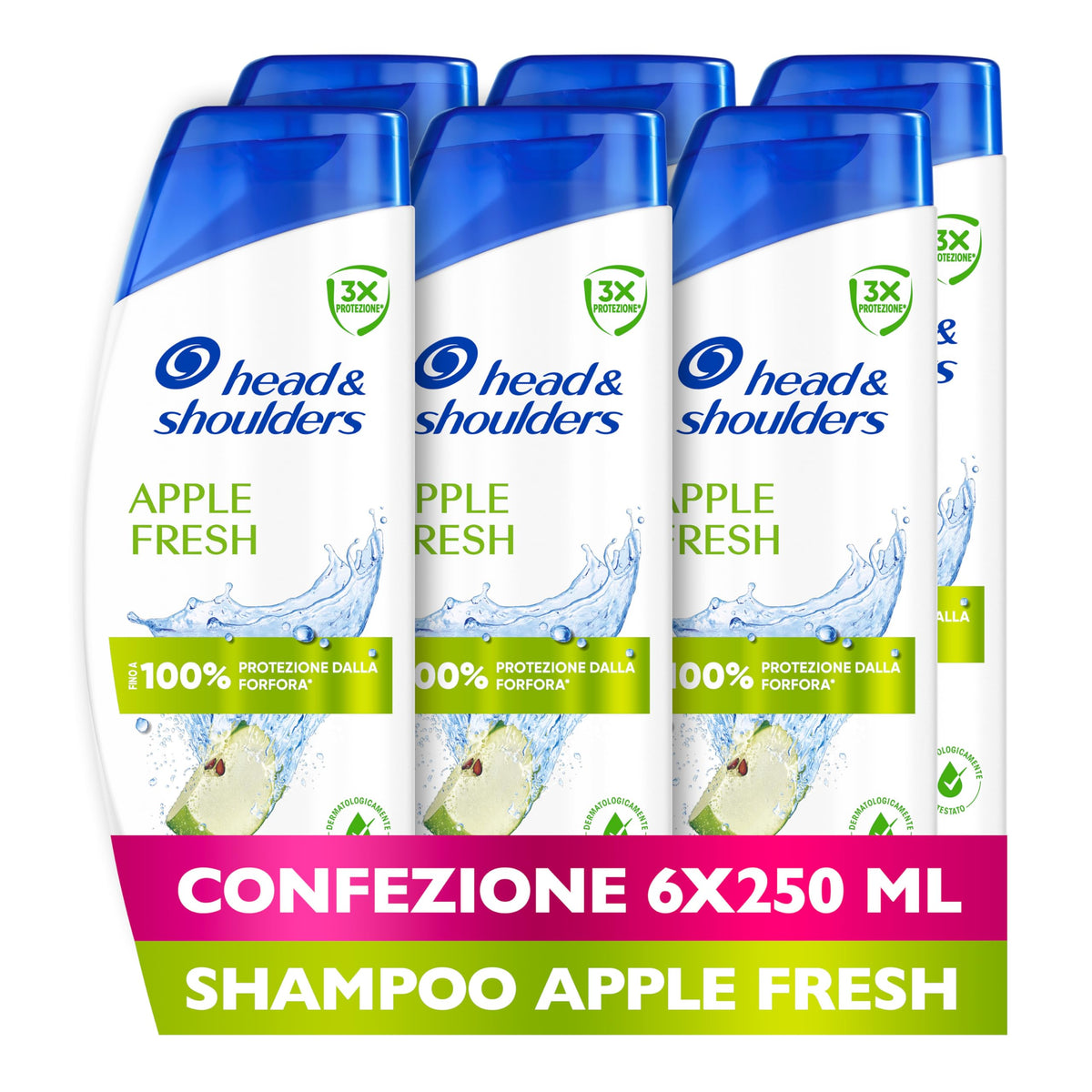 Head & Shoulders Apple Fresh Shampoo Antiforfora 250ml Formato Convenienza X6. Uso Quotidiano. Fino al 100% Protezione dalla Forfora, Clinicamente Testato. Per Tutti i Tipi di Cute e Capelli