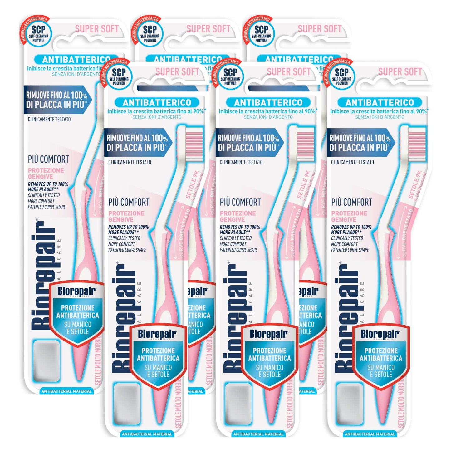 6x Biorepair Spazzolino Curve Antibatterico Super Soft a Setole Molto Morbide Protezione Gengive - 6 Spazzolini