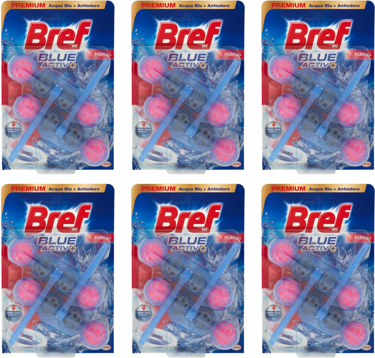 Bref Bref WC Blue Activ+ Floral, Detergente Profumatore WC in Pastiglie Igienizzante Bagno, Pulito, Fresco, Confezione da 6 di Duopacco - 100 g