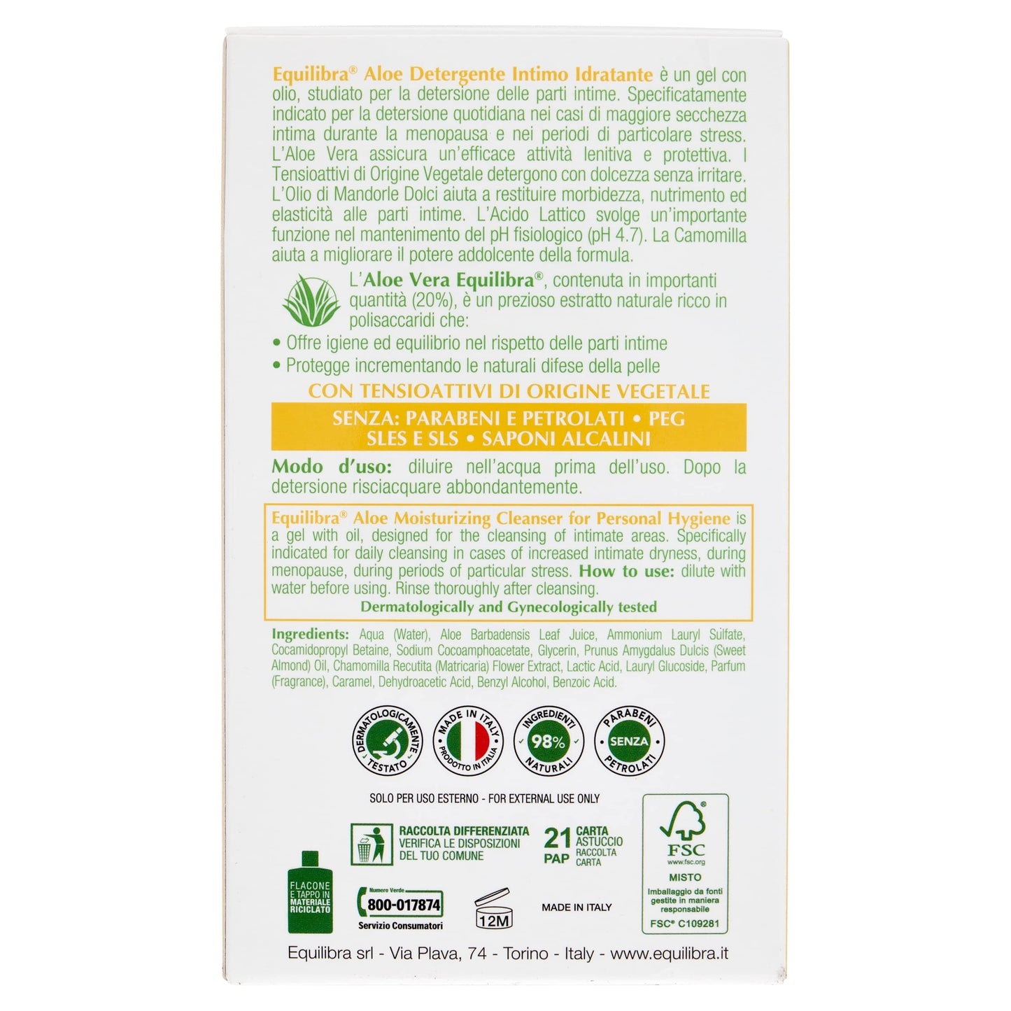 Equilibra Aloe Detergente Intimo Idratante, 200 ml