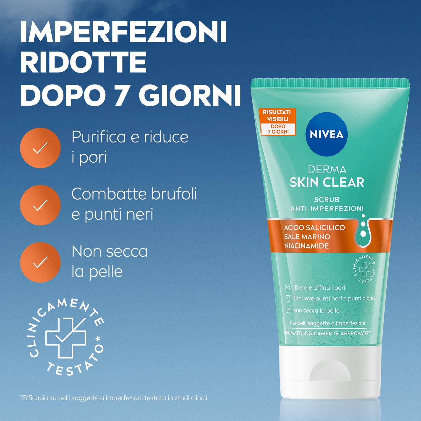 NIVEA Derma Skin Clear Scrub Viso Anti-Imperfezioni 150 ml, Scrub esfoliante per la cura della pelle grassa e mista con Acido Salicilico, Sale Marino e Niacinamide, Esfoliante viso e corpo purificante