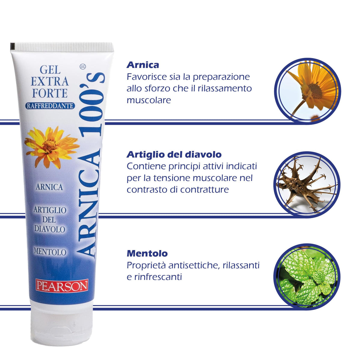 ARNICA 100'S - Gel Extraforte Raffreddante Pearson. Crema Arnica Gel Forte con Artiglio del Diavolo e Mentolo. Pomata Defaticante e Rilassante [150ML]