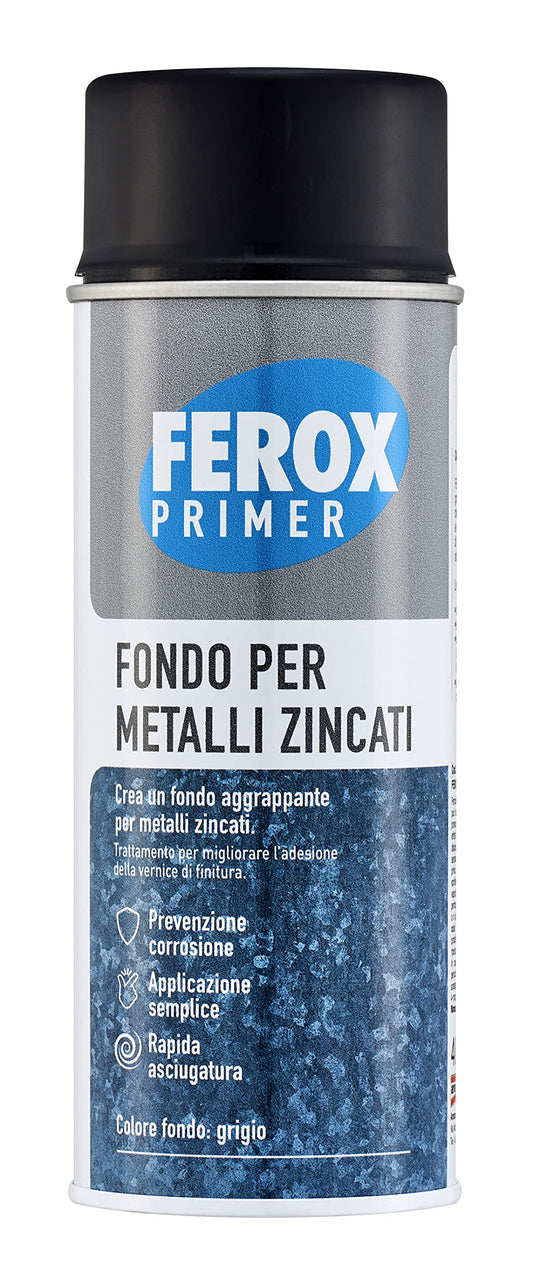 FEROX Fondo per Metalli Zincati 400 ml, aggrappante per verniciatura, colore Grigio, Primer superfici interno/esterno, rapida essicazione, lunga durata