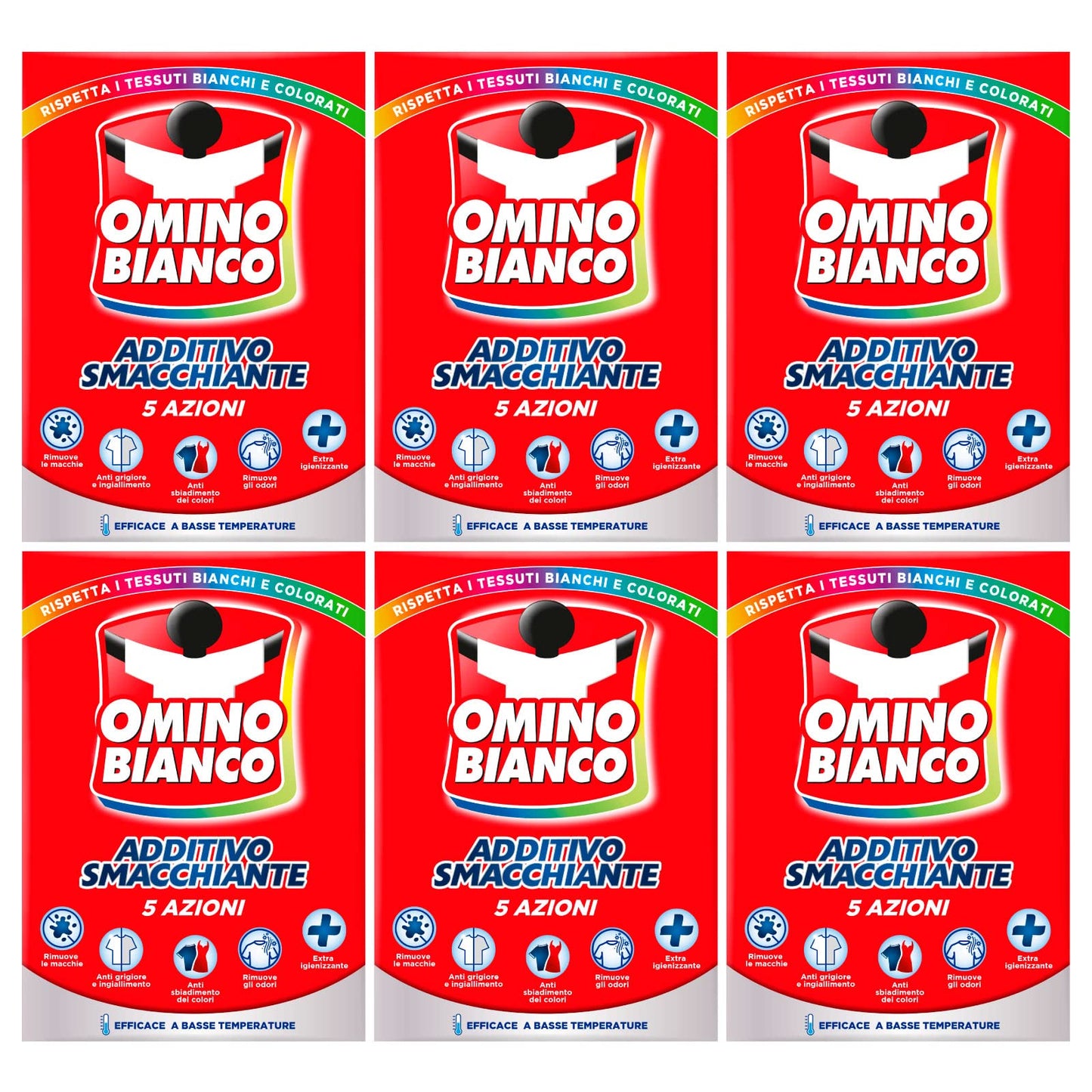 Omino Bianco - Additivo Lavatrice Totale 5 Azioni in 1 in Polvere per Bucato, Smacchiante e Igienizzante, 500 g x 6 Pezzi