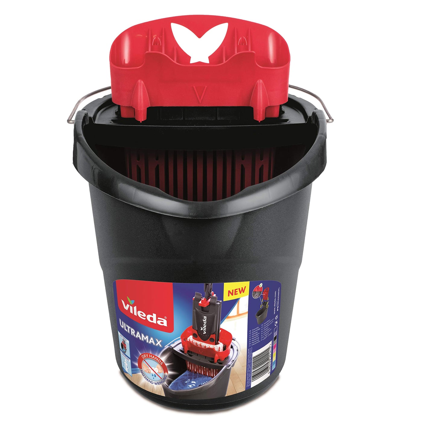 Vileda Seau Essoreur pour Balai 4023103201415 UltraMax Power Secchio e strizzatore-157648, Plastica, Nero e Rosso, 37 x 28 x 28 cm
