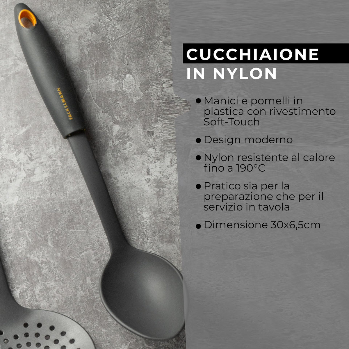 Fackelmann Collection Cucchiaio in Nylon, Manico Soft Touch (Colore: Arancio/Grigio), quantità: 1 Pezzo, Nero