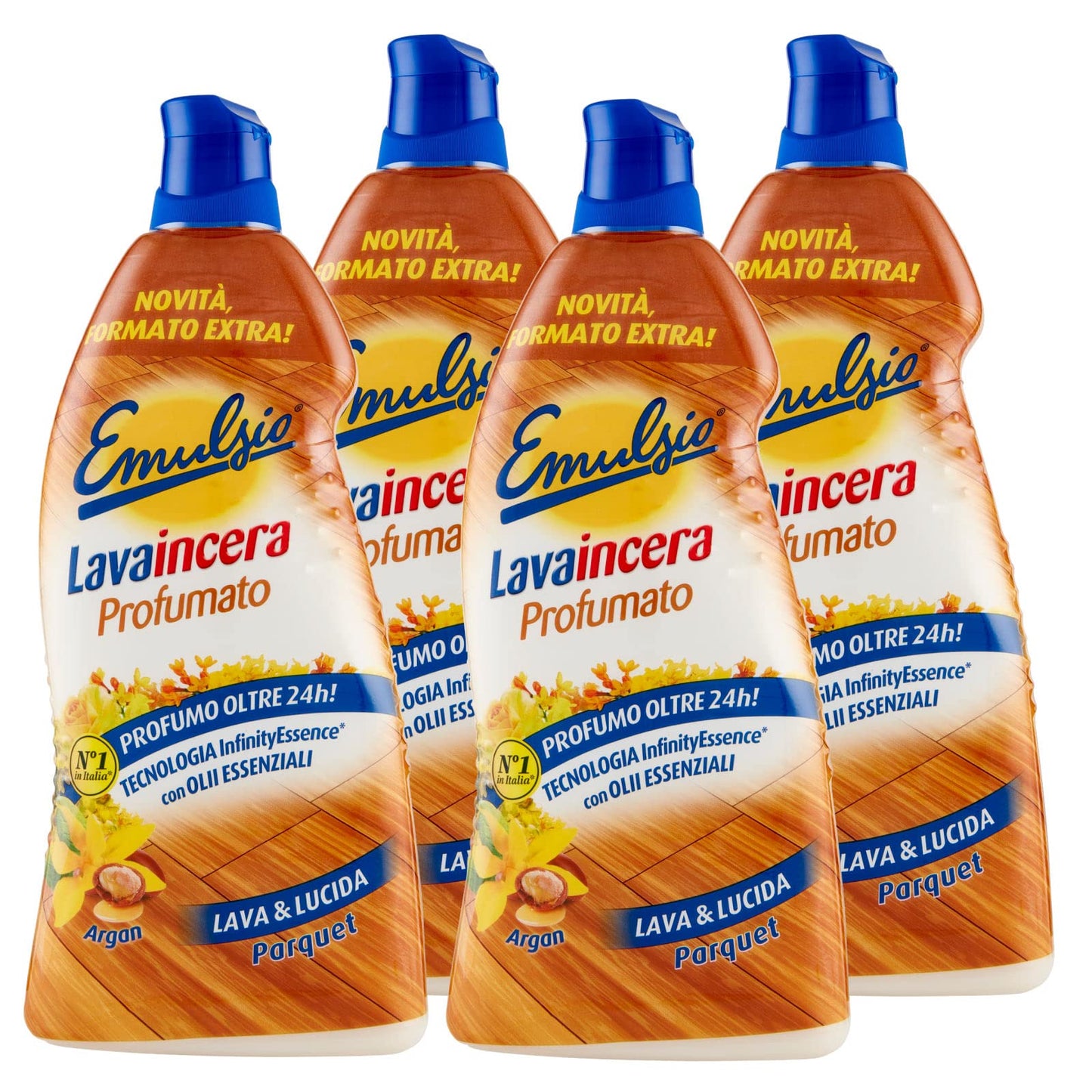 4x Emulsio Lavaincera Profumato Lava e Lucida per Parquet con Oli Essenziali all'Argan - 4 Flaconi da 950ml