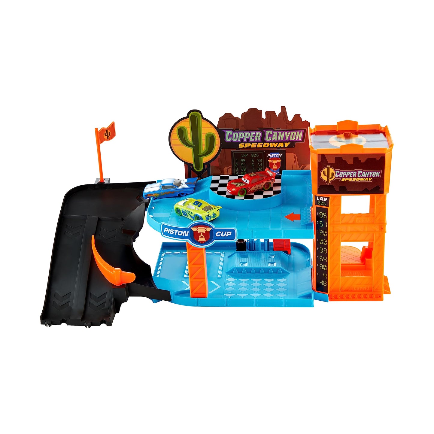 CARS - Garage Fluo di Cooper Canyon, playset Glow Racers a 2 piani con 3 auto luminose incluse, officina e ascensore funzionante, si illimuna al buio, giocattolo per bambini, 4+ anni, HPX75