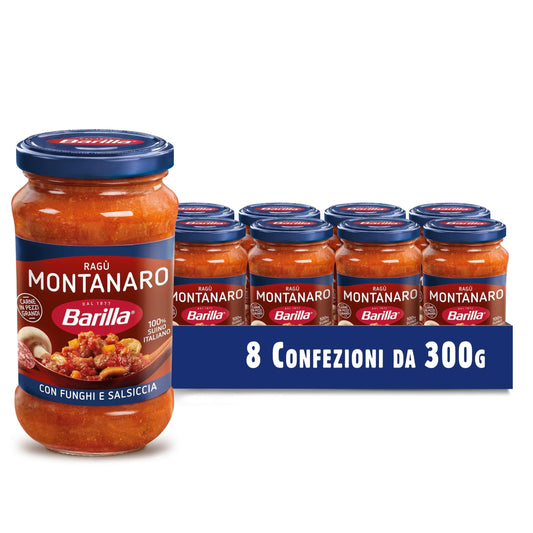 Barilla Sugo Ragù Montanaro, Salsa Pronta al Pomodoro con Salsiccia e Funghi, Sugo Pronto, Confezione da 8x300g
