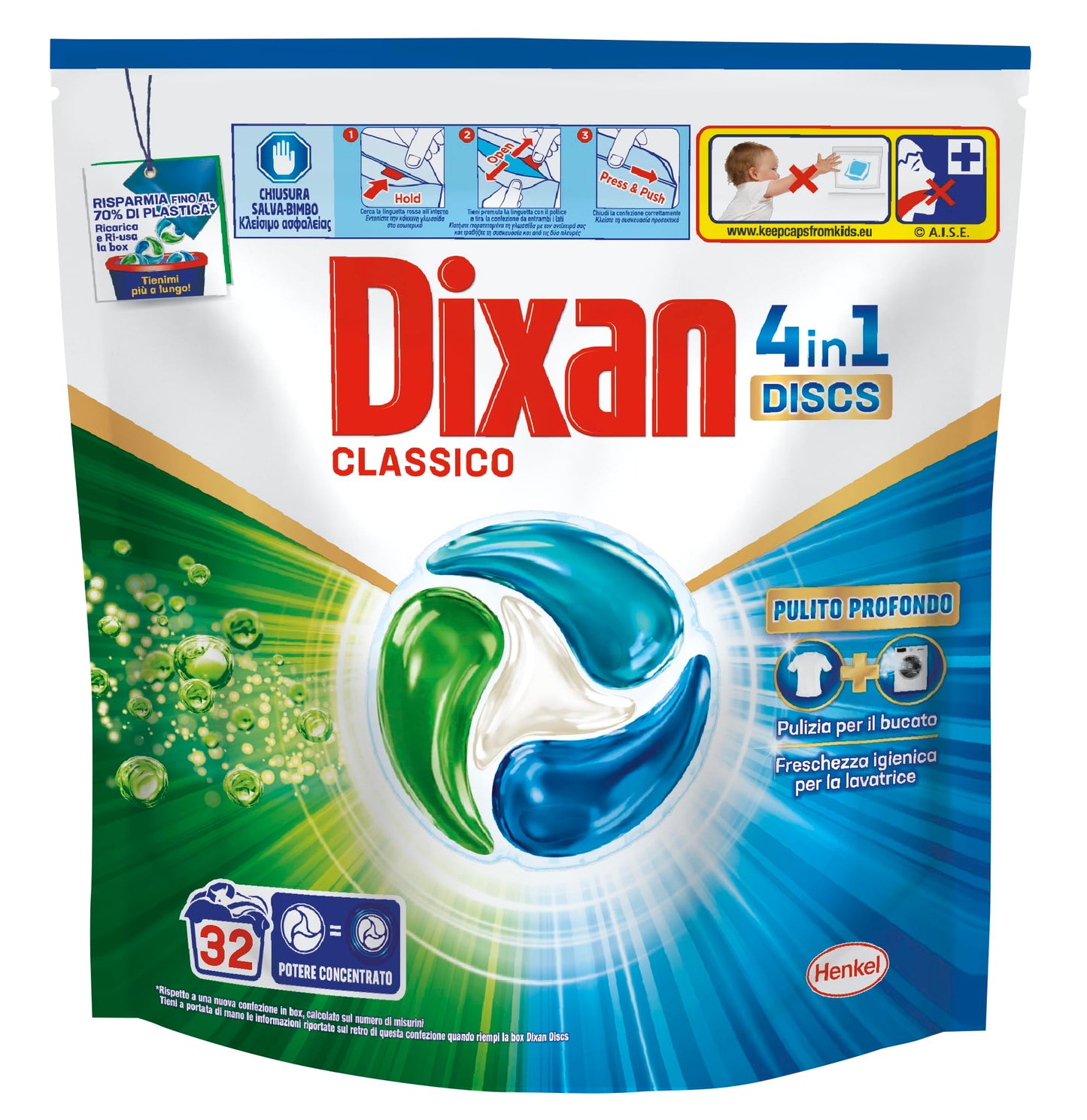 Dixan DISCS 4in1 Classico Detersivo Lavatrice (32 Lavaggi), Capsule lavatrice per una pulizia profonda del bucato e freschezza igienica per la lavatrice, Rimuove le macchie da 20°C