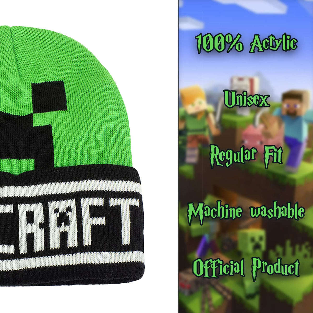 Fashion UK Berretto Minecraft Creeper Modello Verde Logo e Scritta. Acrilico. Taglia Unica per Adulti Ragazzi. Ufficiale.
