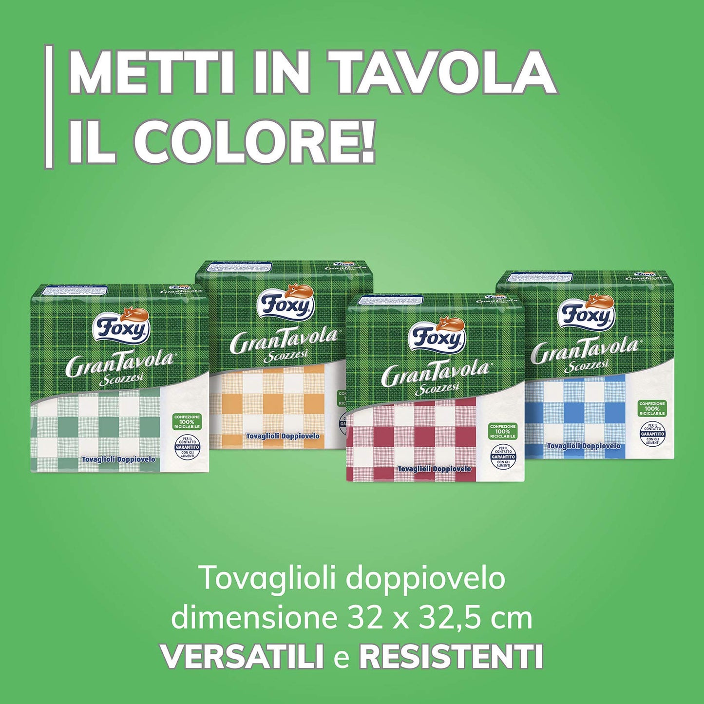 Foxy GranTavola Scozzesi | Tovaglioli Doppiovelo | 36 Confezioni Da 42 Pezzi 32x32,5cm | Decoro Scozzese 4 Colori | PEFC | 100% Energia Elettrica Rinnovabile | Confezione 100% Riciclabile