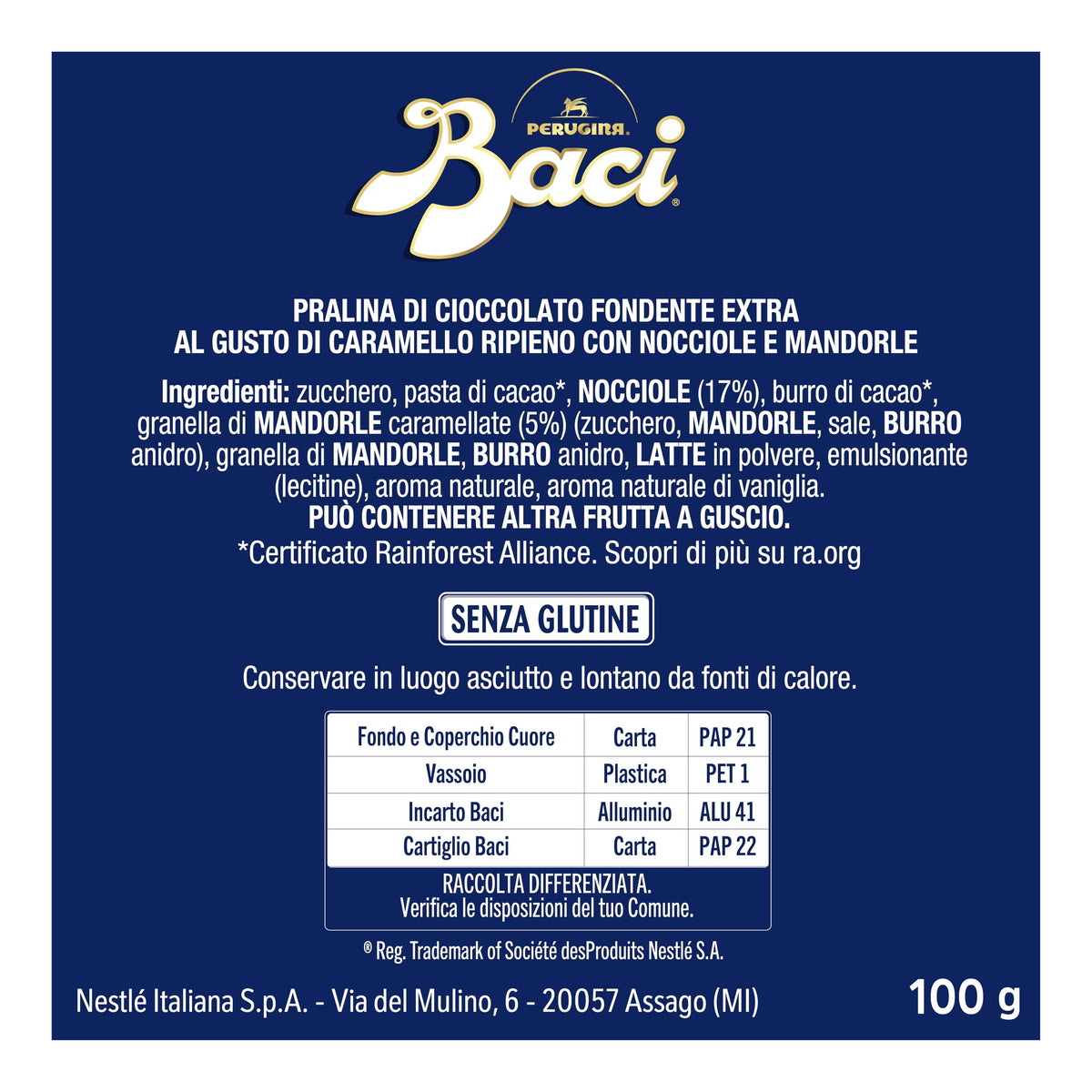 BACI PERUGINA Caramellato alle Mandorle Cioccolatini Fondenti ripieni al Gianduia, Scatola Cuore San Valentino 100g