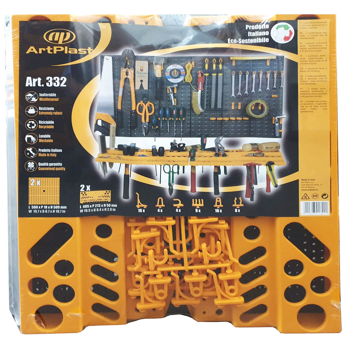 Art Plast Kit due pannelli per attrezzi 50x50 cm completi di due mensole e 50 ganci assortiti, in plastica, nero/arancione