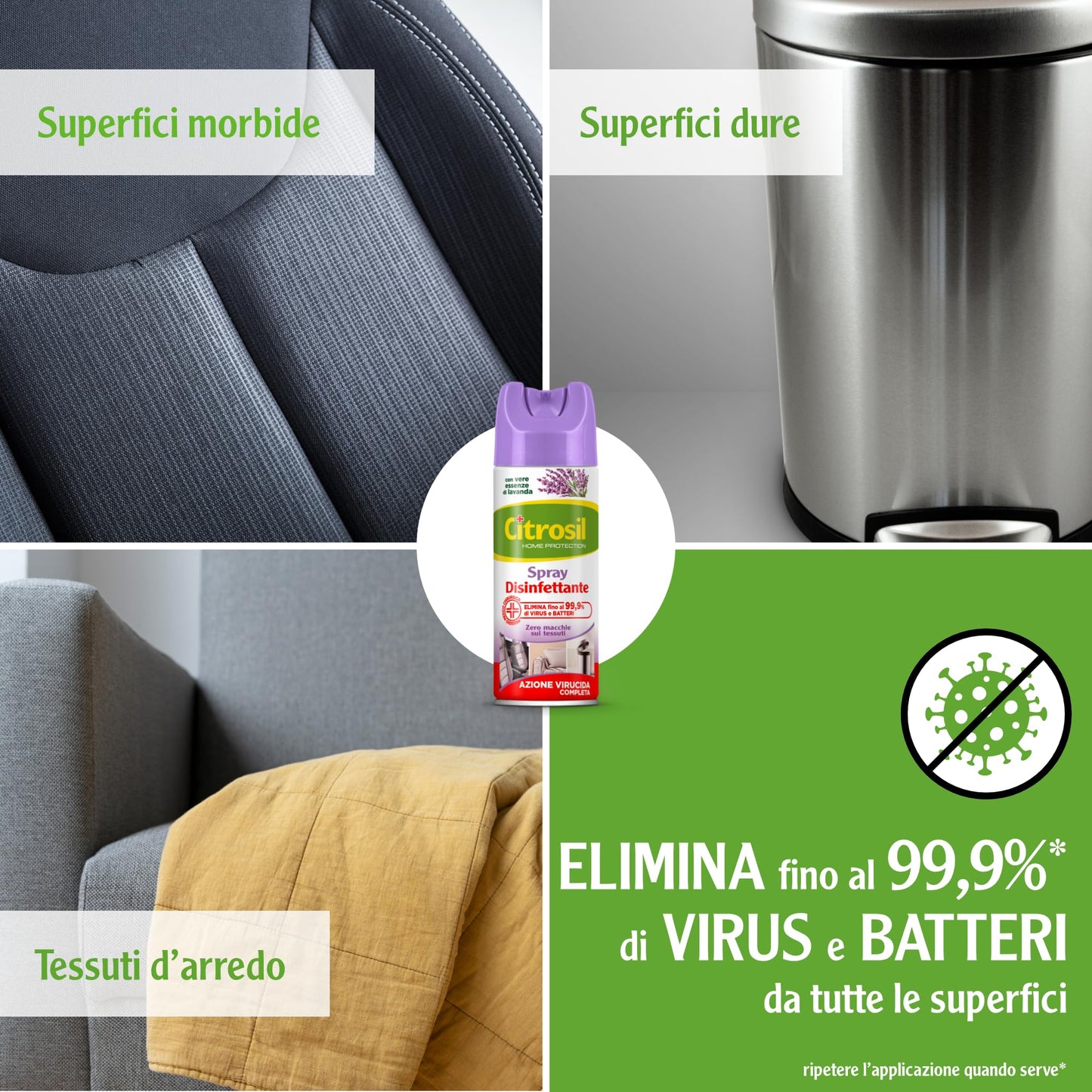 Citrosil Disinfettante Spray, Azione Virucida Completa, Elimina Fino al 99,9% di Virus e Batteri, Essenza di Lavanda, 300 ml