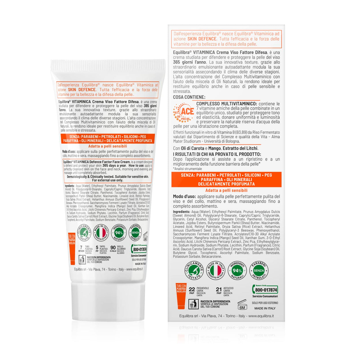 Equilibra Viso, Vitaminica, Crema Fattore Difesa, con Complesso Multivitaminico, Oli di Carota e Mango, Estratto del Litchi, Difende e Protegge la Viso 365 Giorni L'anno, 75 ml