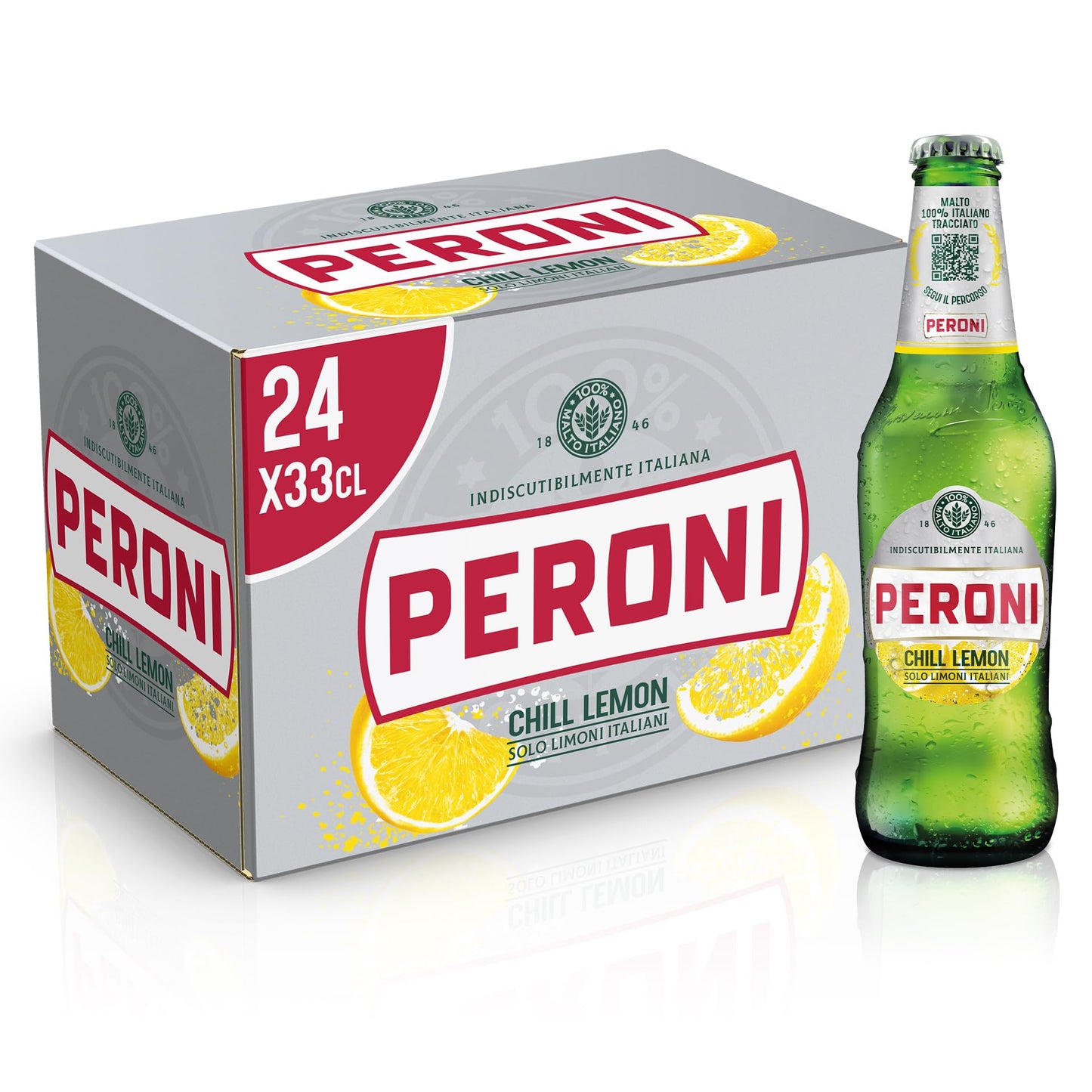 Peroni Chill Lemon Birra al Limone, Cassa Birra con 24 Birre in Bottiglia da 33 cl, 7.92 L, Birra Radler dal Gusto Naturale di Limoni Aspro e Bilanciato, Gradazione Alcolica 1.3% Vol