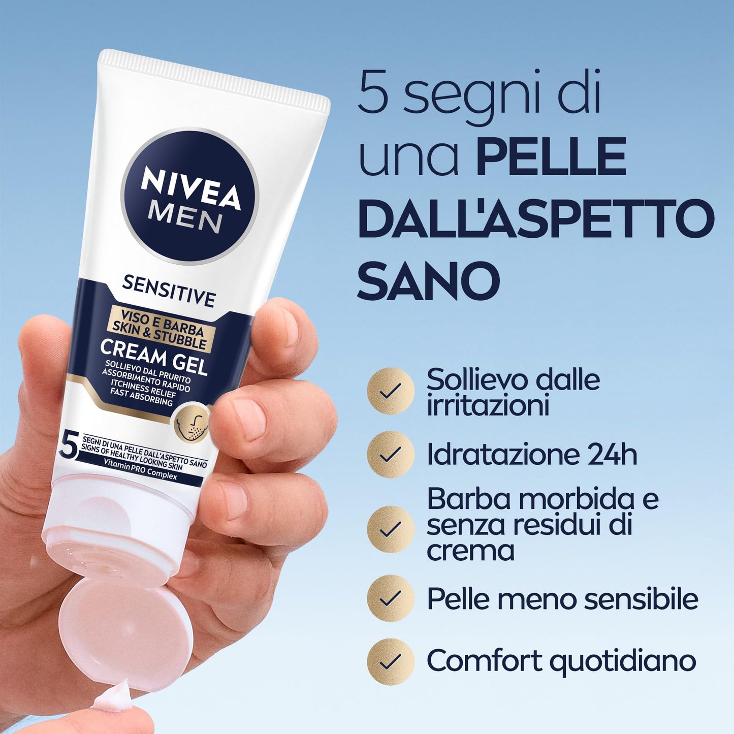 NIVEA MEN Sensitive Viso e Barba Cream Gel 50 ml, Crema viso uomo per un sollievo immediato dalle irritazioni e 24h d'idratazione, Crema viso idratante e crema da barba 2 in 1 per pelli sensibili