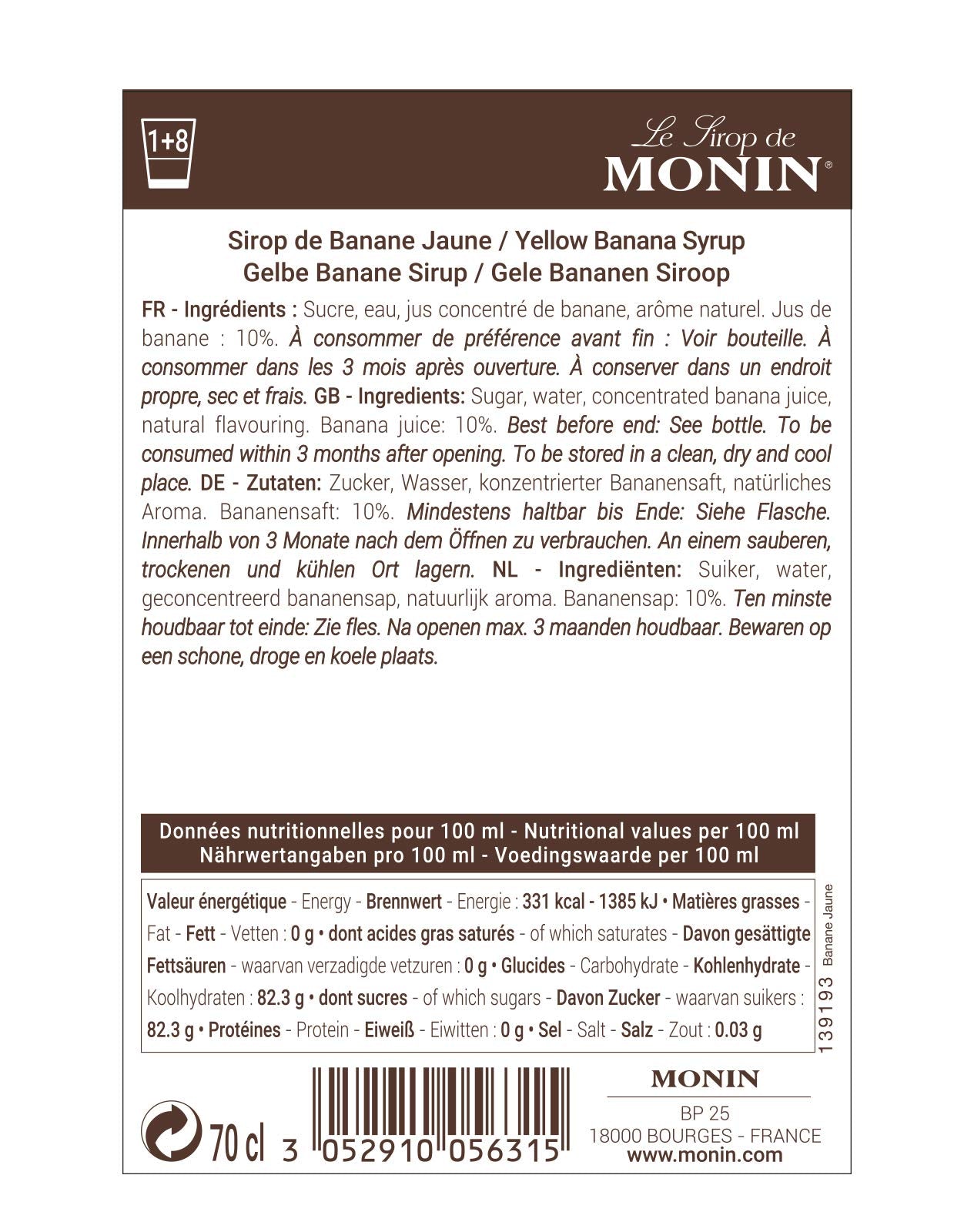 MONIN Sciroppo di Banana Giallo Premium, 700 ml