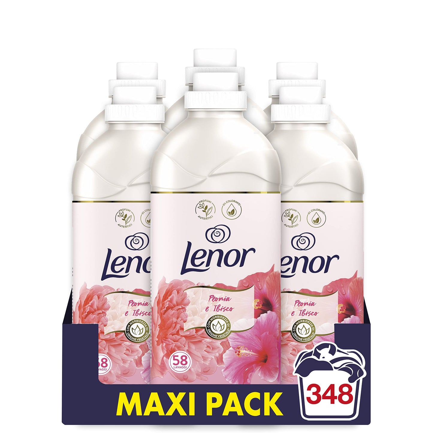 Lenor Ammorbidente Lavatrice Concentrato, 348 Lavaggi (6x58), Peonia e Ibisco, per una Freschezza Ottima e una Morbidezza ispirata alla Natura, Profuma Ogni Notte fino a una Settimana