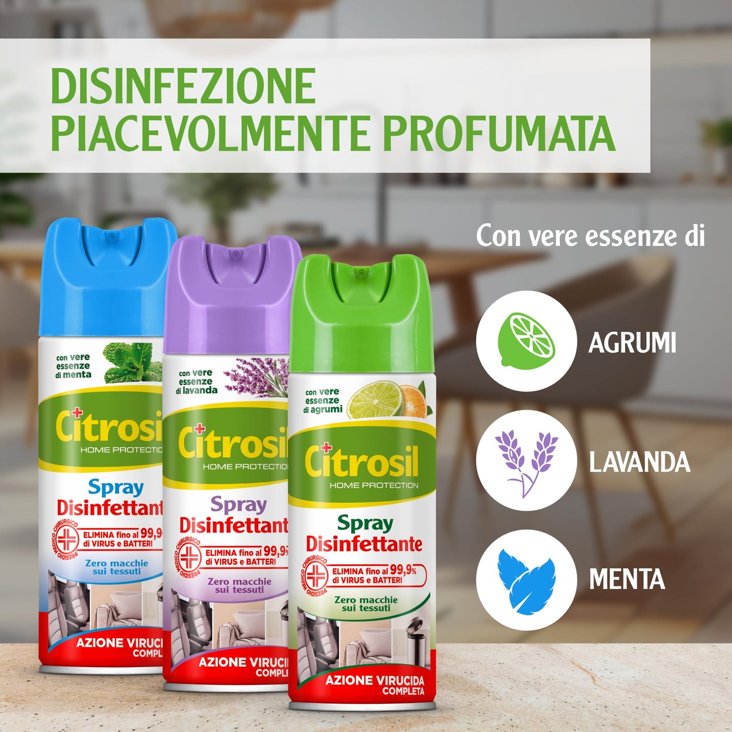 Citrosil Disinfettante Spray, Azione Virucida Completa, Elimina Fino al 99,9% di Virus e Batteri, Essenza di Agrumi, 300 ml