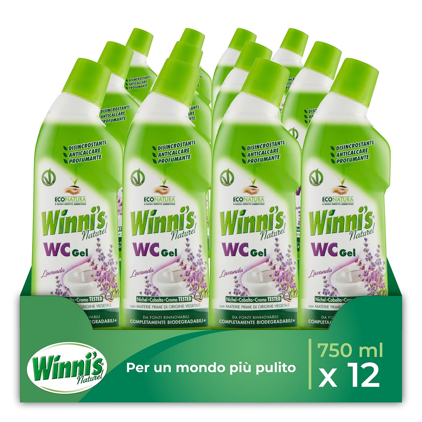 Winni's - WC Gel, Detergente Liquido per Sanitari, Azione Disincrostante, Anticalcare e Profumante, Fragranza alla Lavanda, con Materie Prime di Origine Vegetale e Bio, 750 ml x 12 Confezioni
