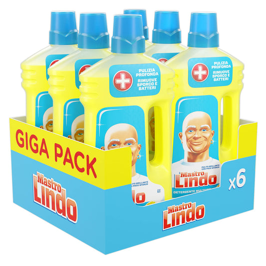 Mastro Lindo Detersivo Pavimenti, Liquido Multiuso, 6 Confezioni (6 x 950 ml), Limone, Maxi Formato, Pulito Brillante con Poco Sforzo, Efficace Multisuperficie