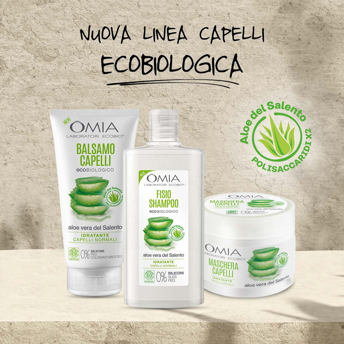 Omia, Fisio Shampoo Eco Bio con Aloe Vera del Salento, Per Capelli Normali, Idratante ed Equilibrante, Adatto ad un Uso Frequente, Senza Siliconi, Dermatologicamente Testato - Flacone da 200 ml