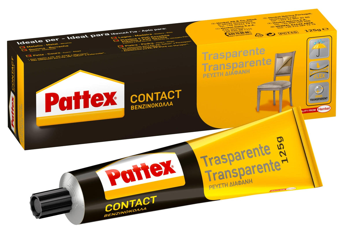 Pattex Adesivo a Contatto Trasparente, Universale, Forte Presa Iniziale, Per Incollaggio Di Pelle, Gomma, Cuoio, Legno, Moquettes, Metallo, Plastiche Flessibili, Rigide o telate, Feltro, Sughero,125g