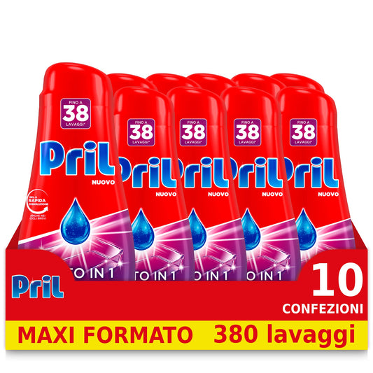 Pril Gel All in One Sciogli Grasso Detersivo Lavastoviglie Liquido Multi-Azione Sporco Difficile - 10 Confezioni da 38 Lavaggi (380 lavaggi)