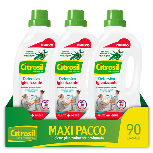 Citrosil - Detersivo Lavatrice Liquido Igienizzante, 90 Lavaggi, con Vere Essenze di Eucalipto, Rimuove Germi e Batteri*, Smacchia Bianchi e Colorati, 1500 ml x3 Confezioni