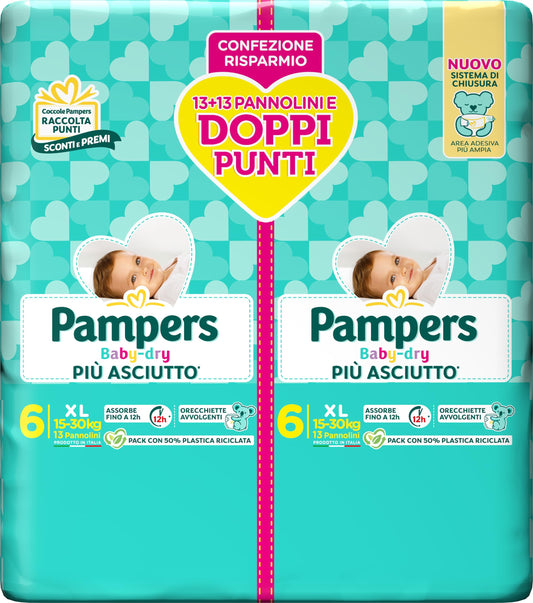Pampers Baby Dry Extralarge, Pacco Doppio DWCT, Taglia 6 (15-30 kg), 26 Pannolini