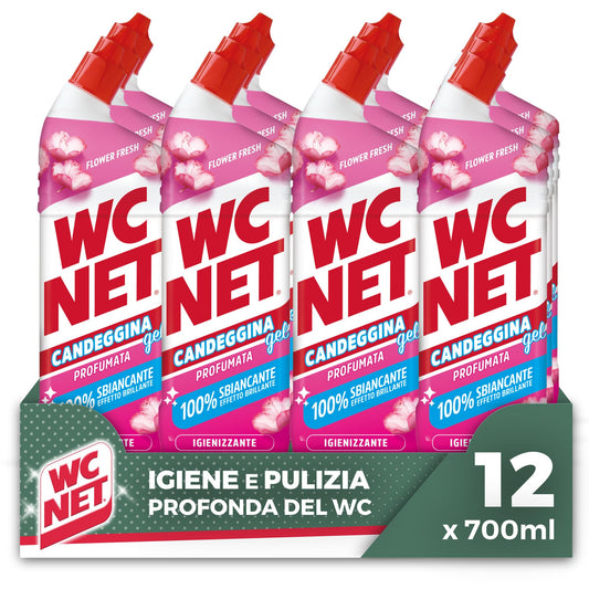 Wc Net Candeggina Gel Profumata, Detergente per Sanitari e Superfici, Azione Sbiancante e Igienizzante, Fragranza Flower Fresh, 700 ml x 12 Confezioni