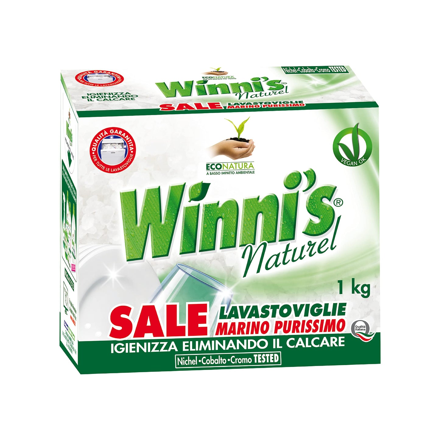 Winni's - Sale Lavastoviglie, Purissimo, Azione Igienizzante, Anticalcare e Addolcente, con Materie Prime di Origine Vegetale e Bio, 1 kg x 12 Confezioni