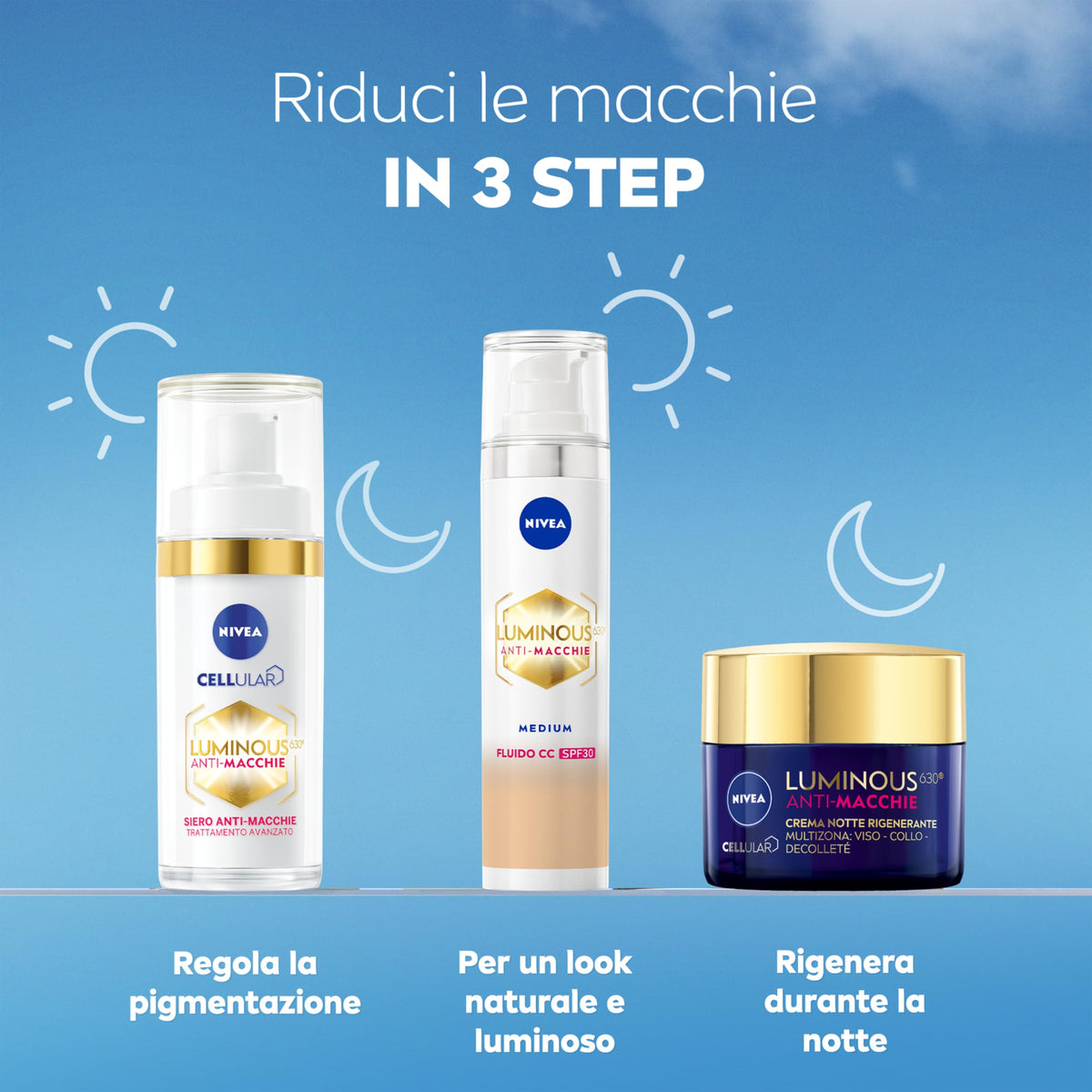 NIVEA Luminous630 Fluido CC Cream SPF 30 3-in-1 Medium 40 ml, Crema colorata viso con pigmenti incapsulati e tripla azione anti-macchie, Crema antimacchie viso con Acido Ialuronico e Thiamidol