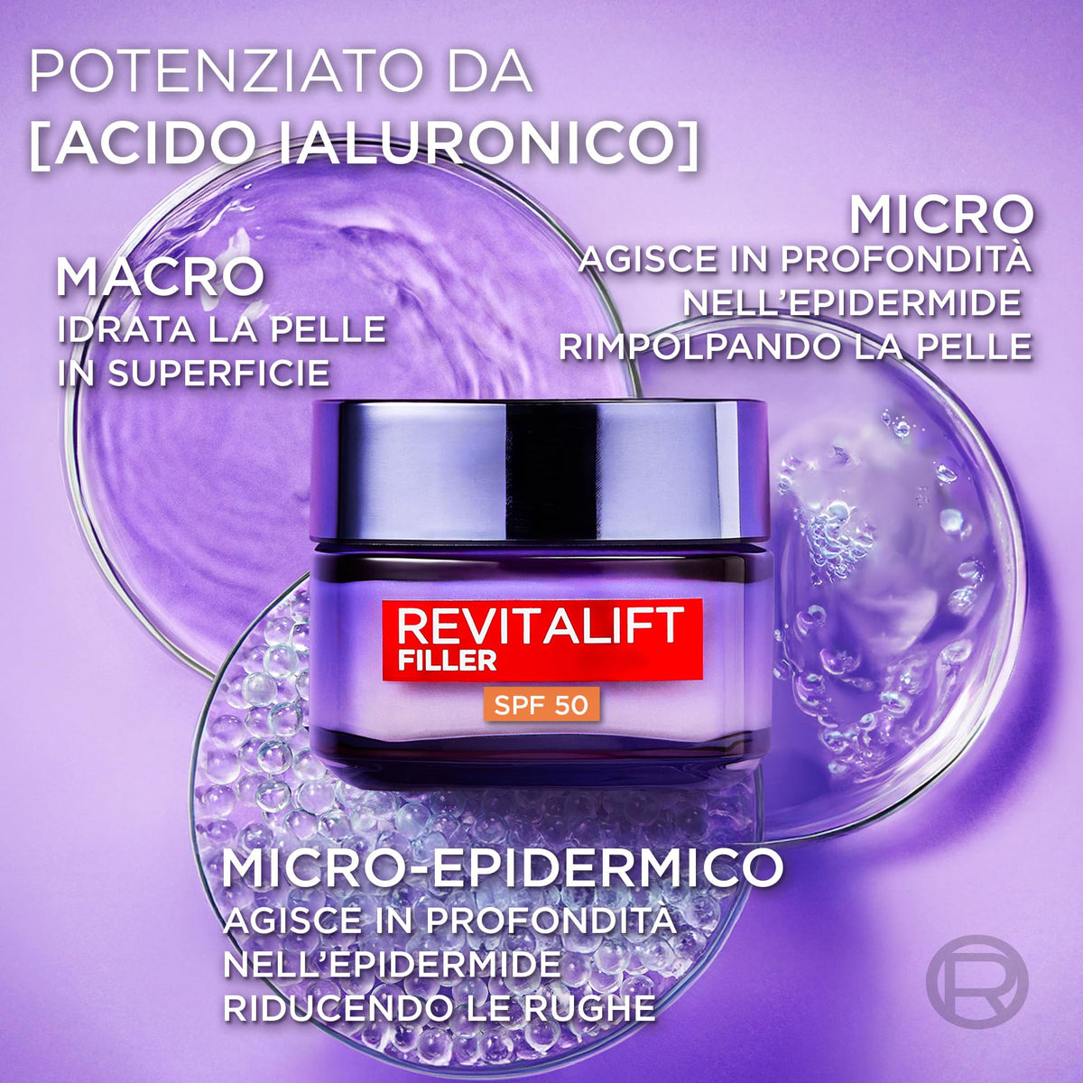 L'Oréal Paris Crema Viso Giorno Revitalift Filler SPF50, Per Tutti i Tipi di Pelle, Azione Anti-Rughe Rivolumizzante, Pelle Rimpolpata a Lungo, Con Acido Ialuronico, 50 ml