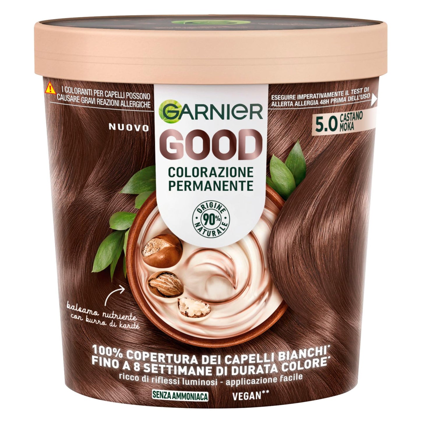 Garnier Good Tinta Colorazione Permanente Fino a 8 Settimane Colore Brillante e Luminoso Copre il 100% dei Capelli Bianchi Formula Vegana Senza Ammoniaca 5.0 Castano Moka
