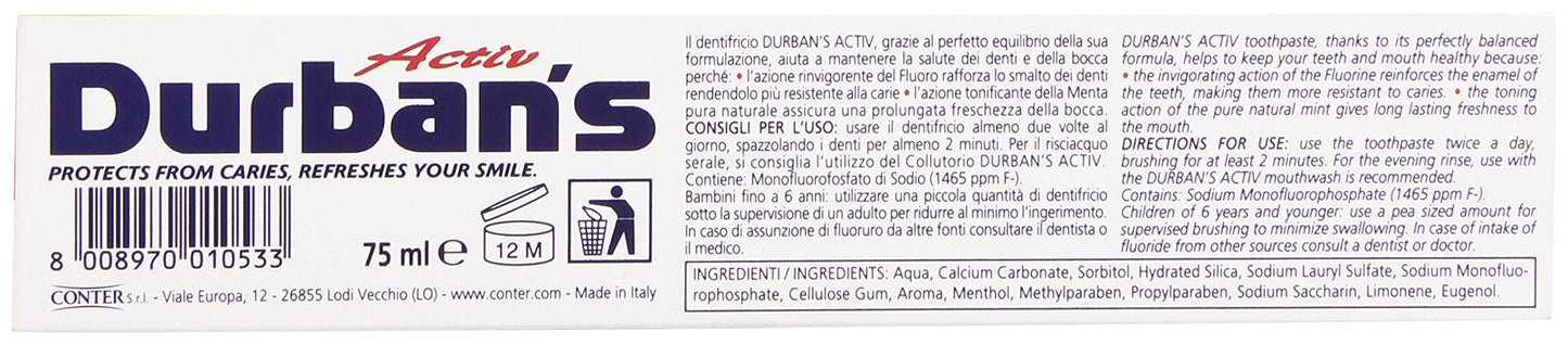 Durban's - Dentifricio, Fluoro e Menta - 75 ml