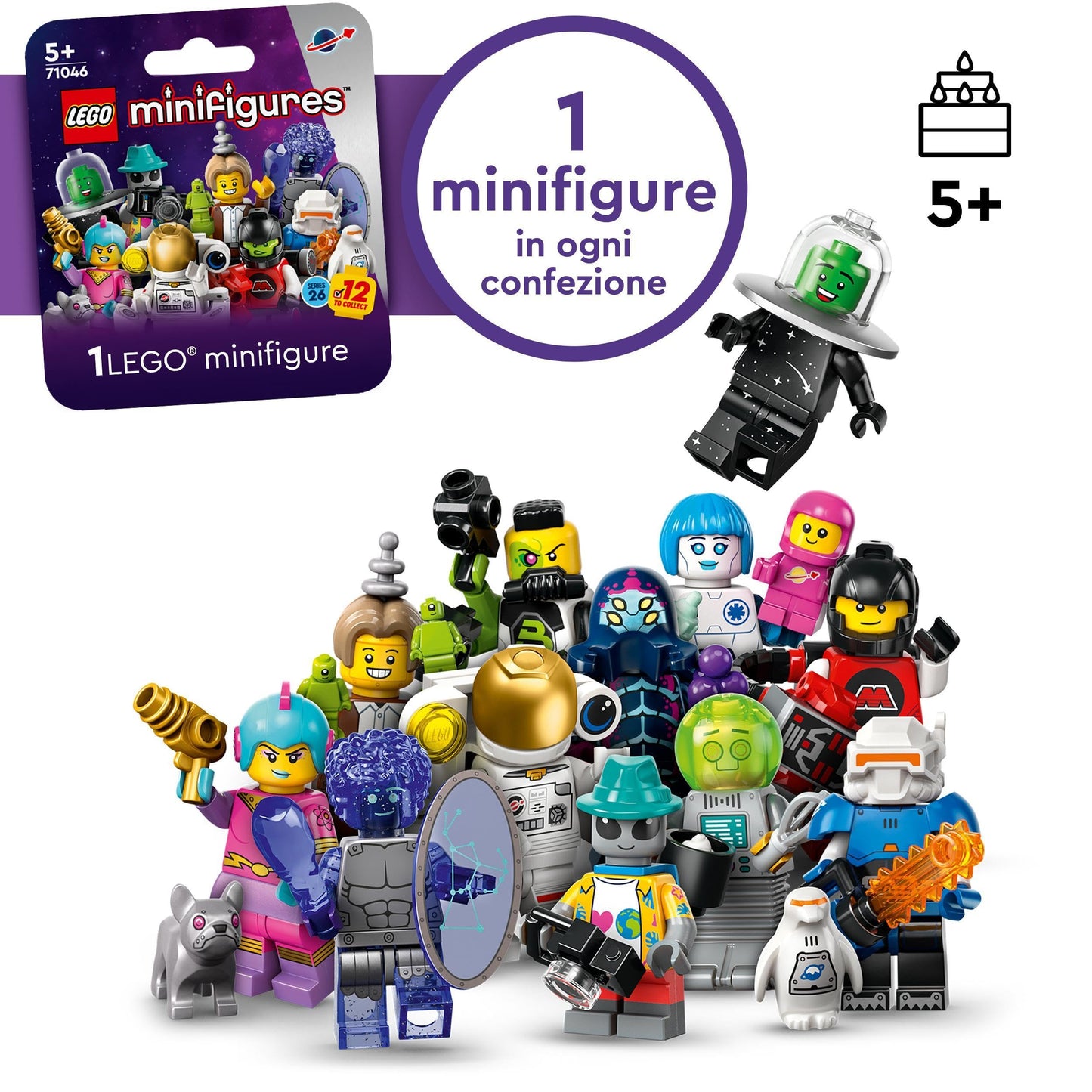 LEGO Minifigures Serie 26 Spazio, Scatola con 1 di 12 Personaggi Giocattolo a Caso da Collezione, Inclusi un Astronauta e un Robot Maggiordomo, Set di Giochi per Bambini e Bambine da 5 Anni 71046
