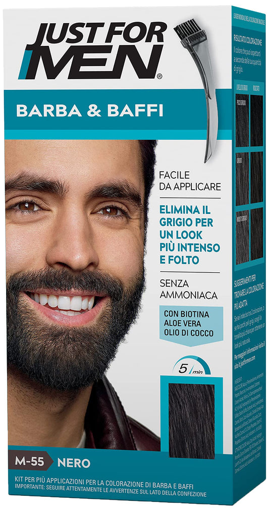 Just For Men Barba & Baffi, Tinta Per Barba Uomo, Tintura Senza Ammoniaca, Elimina I Peli Grigi, Con Pettine Applicatore, Colore Nero, M55
