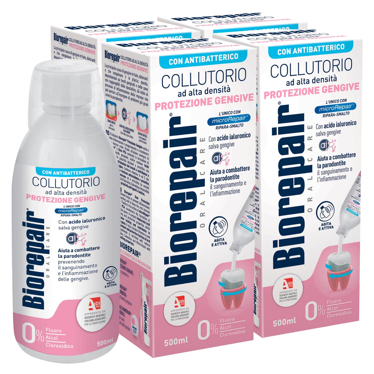 4x Biorepair Collutorio Protezione Gengive ad Alta Intensità Senza Alcol con Antibatterico - 4 Flaconi da 500ml