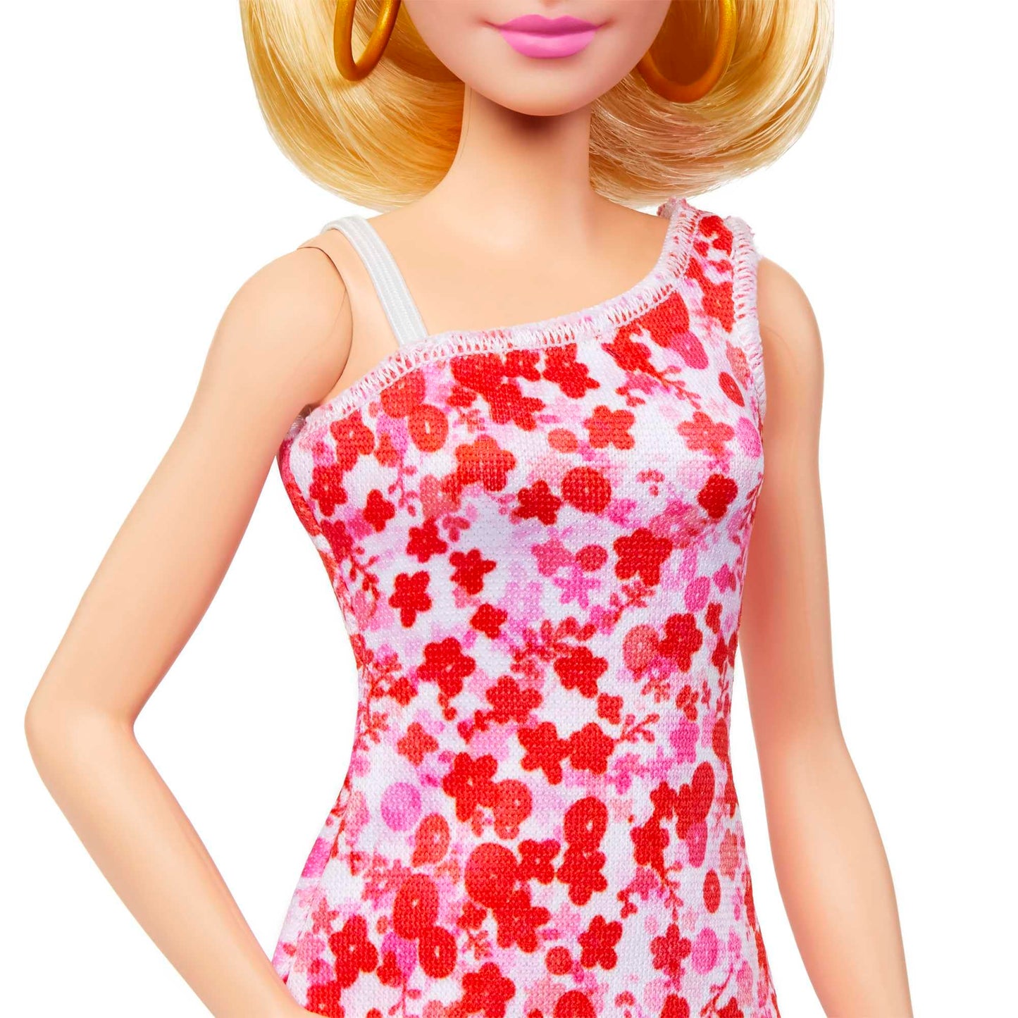 Barbie - Bambola Fashionistas con coda bionda, abito floreale rosa e rosso, sandali con plateau e orecchini a cerchio, giocattolo per bambni, 3+ anni, HJT02
