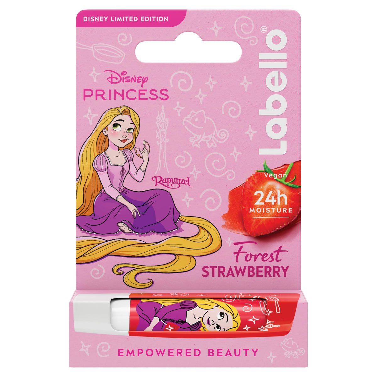 Labello Disney Princess Limited Edition Strawberry Shine 4.8 g, Balsamo labbra colorato con design con Rapunzel, Burrocacao bambina 3+ idratante 24h, Burrocacao labbra lip balm con aroma di Fragola