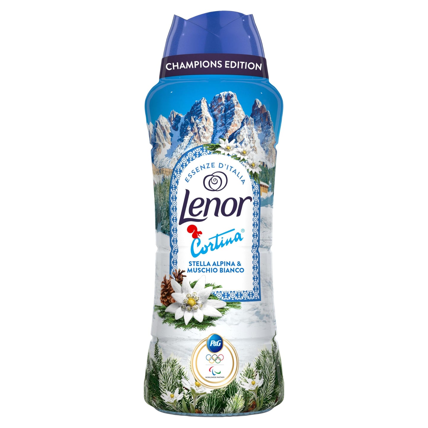 Lenor Profumatore Bucato Perle Profumate Lavatrice 495g, Champions Edition, Cortina, Stella Alpina e Muschio Bianco, Freschezza continua fino a 12 settimane nel guardaroba