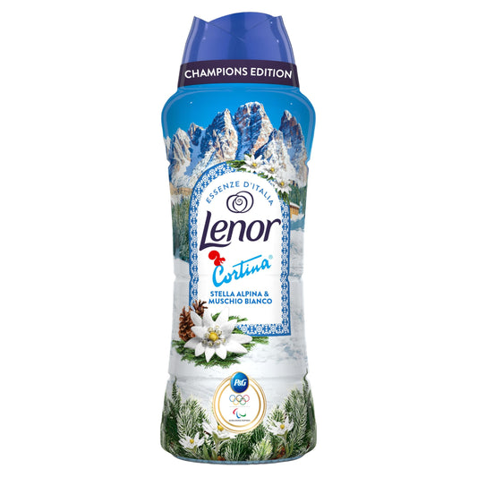 Lenor Profumatore Bucato Perle Profumate Lavatrice 495g, Champions Edition, Cortina, Stella Alpina e Muschio Bianco, Freschezza continua fino a 12 settimane nel guardaroba